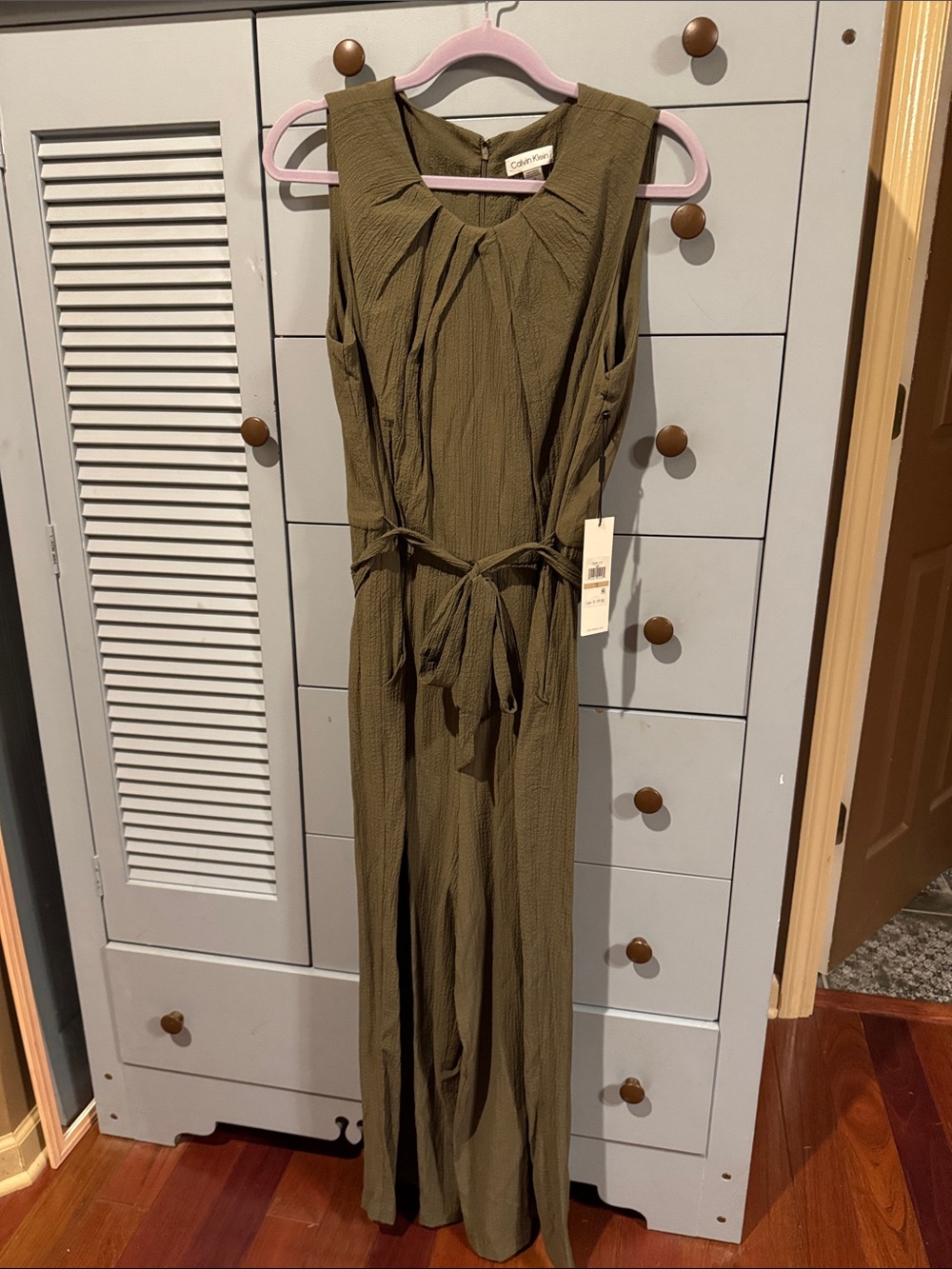 Calvin Klein Olive Sleeveless Jumpsuit with Waist Tie